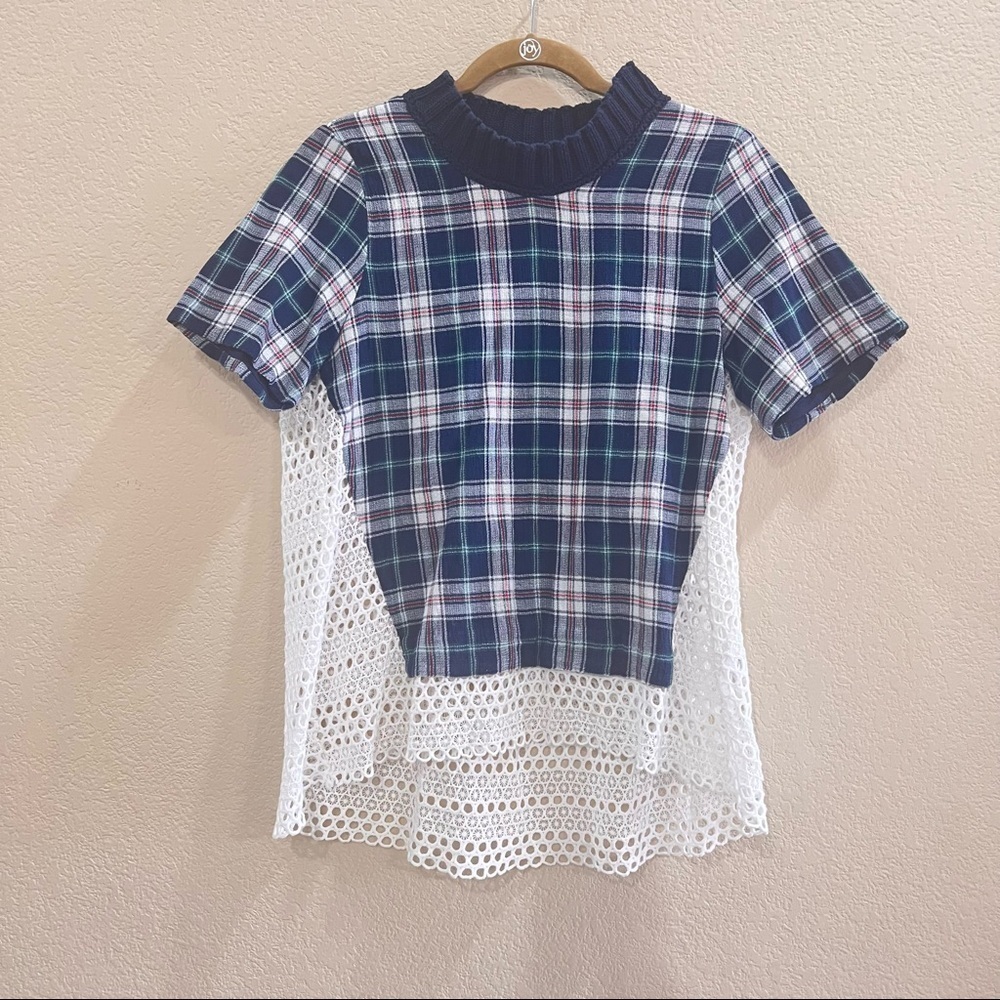 SEA NEW YORK BLUE PLAID/ LACE EYELET CREWNECK TOP BLOUSE SZ M ACCDEMIA PREPPY